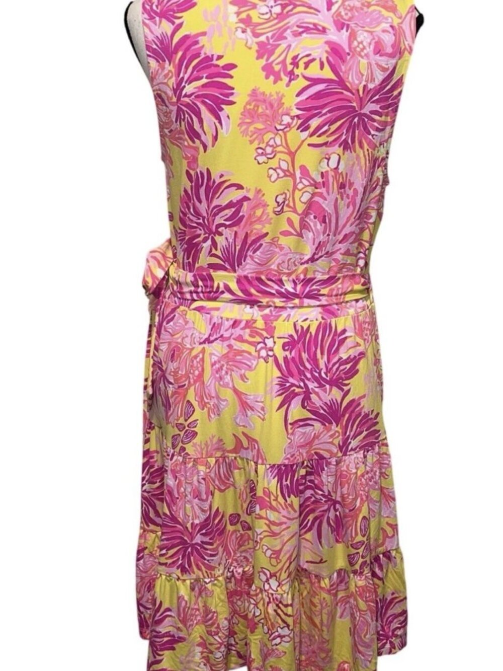 Lilly Pulitzer Folly Floral Wrap Dress Womens Large Yellow Pink Soft Knit Ruffle - Picture 10 of 10